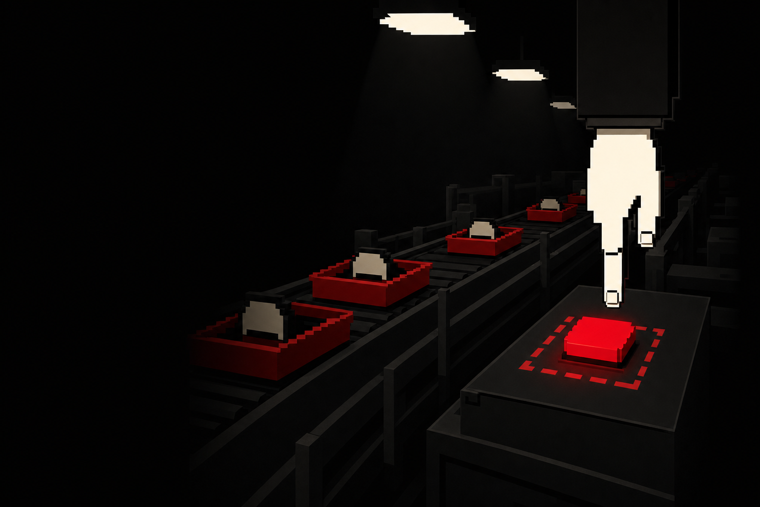 A conveyor of red trays beneath a giant finger pressing a glowing red button