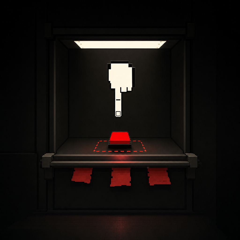 A display case with a pixel hand pointing down at a red button over paper slips